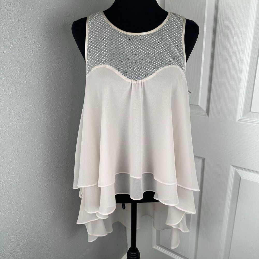 BEBE Chiffon Rhinestone High Low Light Pink Tank Top Womens Large Sheer Layered